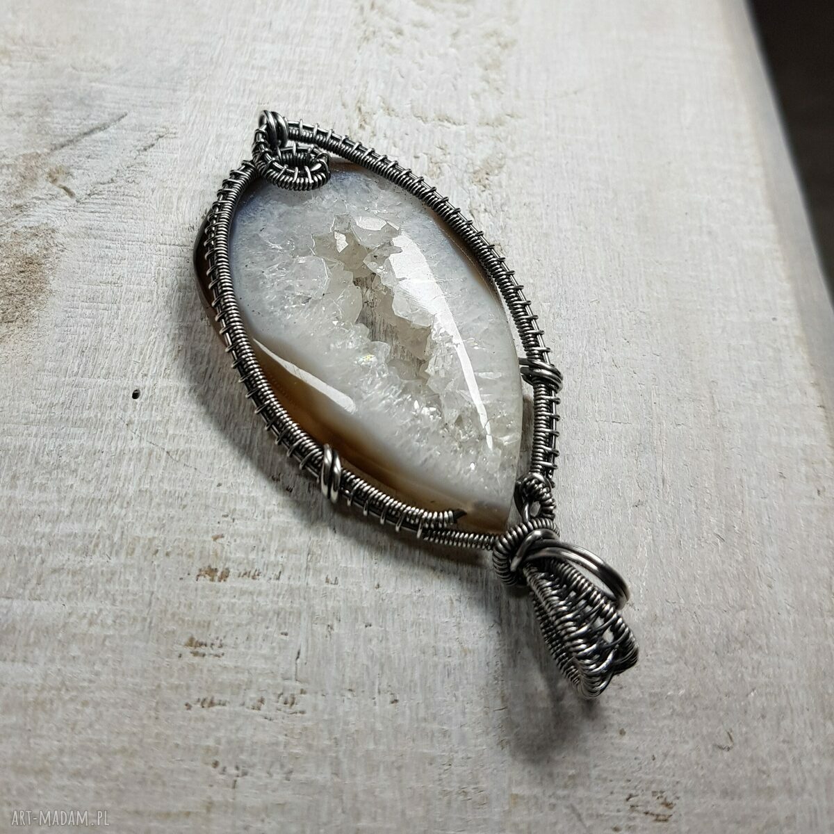 Kryształowa druza agatu w srebrze 999 - naszyjnik wire wrapping s214