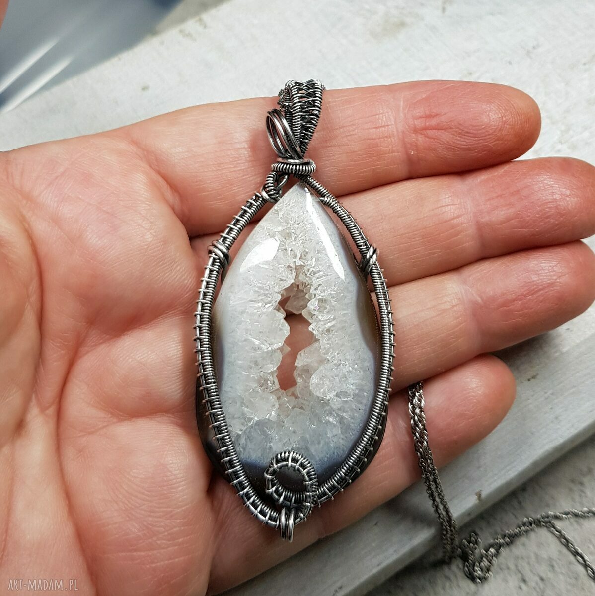 Kryształowa druza agatu w srebrze 999 - naszyjnik wire wrapping s214