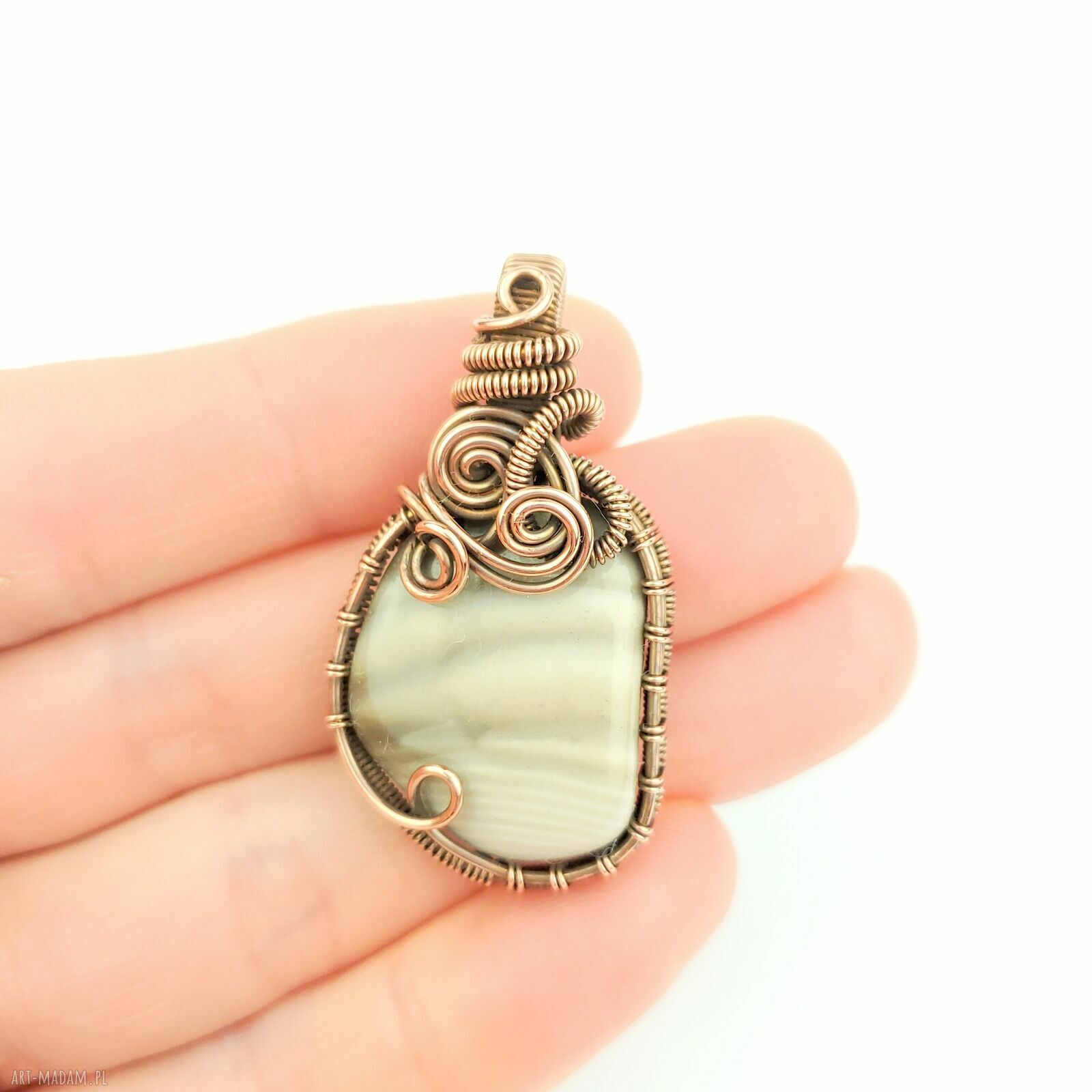 Krzemień pasiasty wisiorek wire wrapping - oksydowana miedź