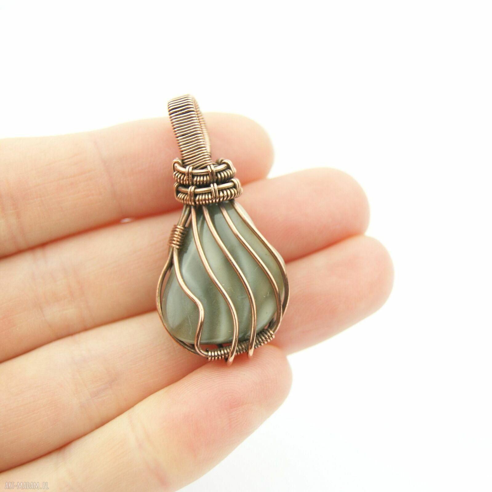 Krzemień pasiasty - wisiorek wire wrapping w miedzianej, oksydowanej oprawie
