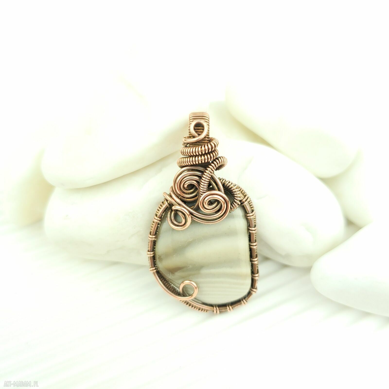 Krzemień pasiasty wisiorek wire wrapping - oksydowana miedź