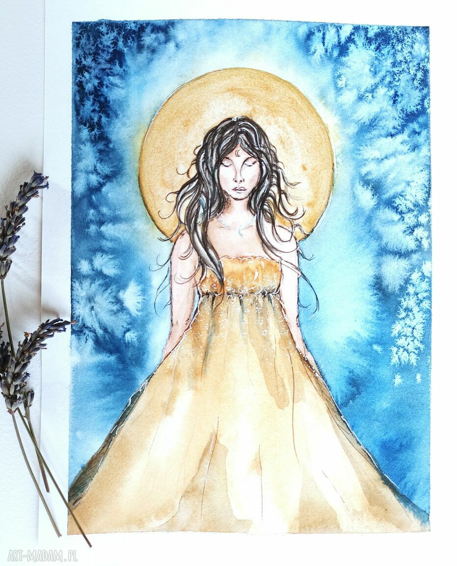 Księżyc - akwarela z motywem Panny (19x26 cm)