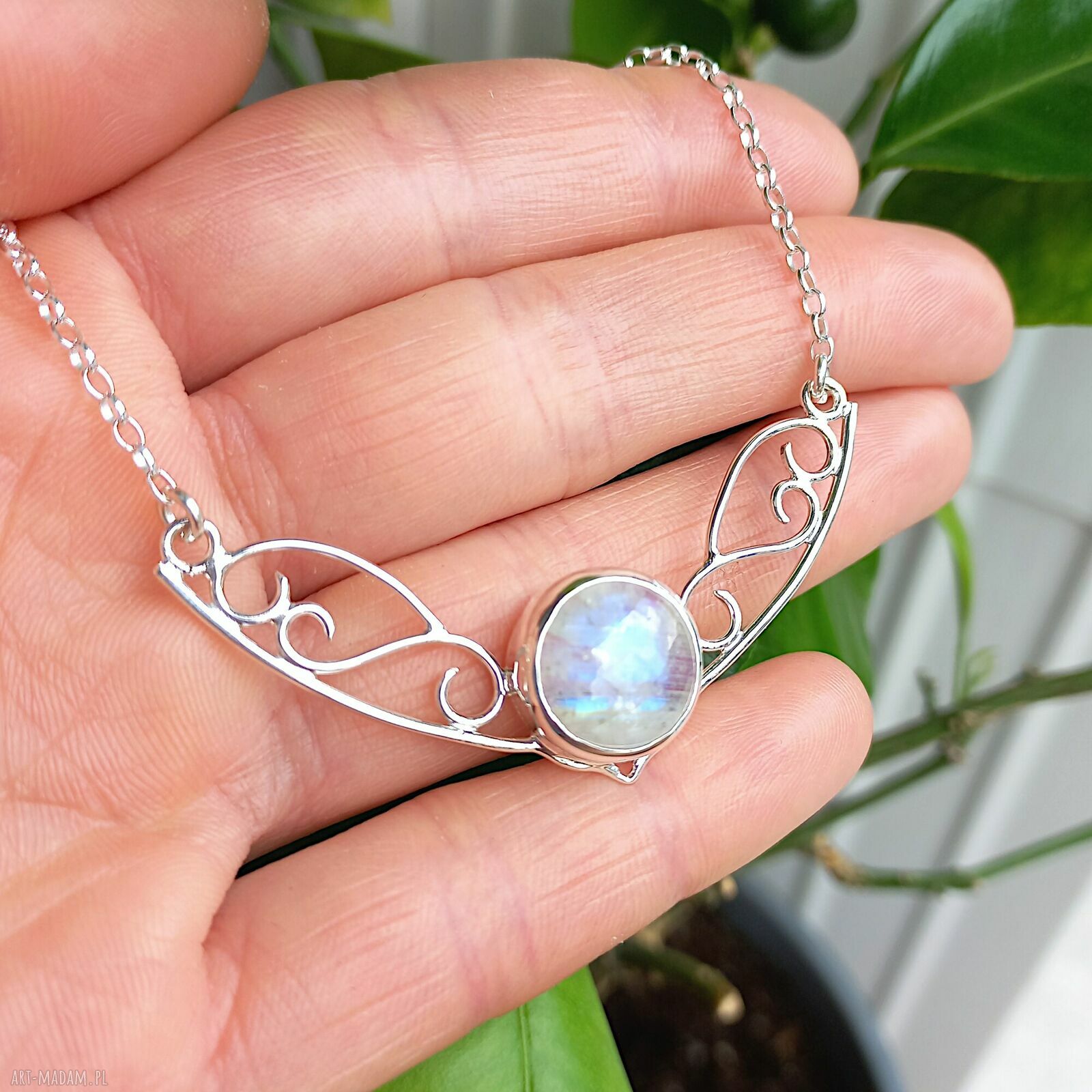 Księżyc Elfów - naszyjnik z kamieniem księżycowym wire wrapping