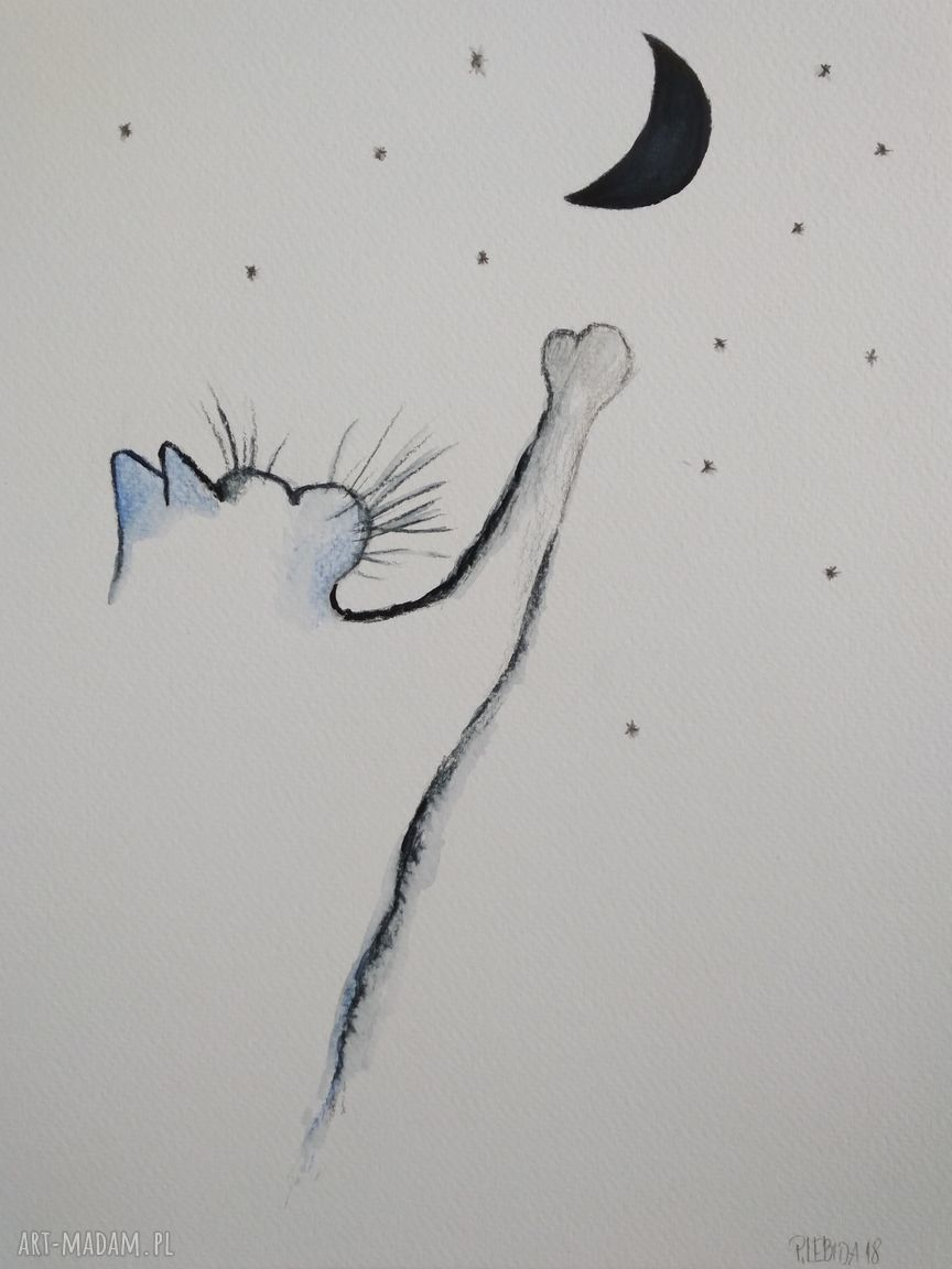 Księżyc jest blisko - akwarela kot abstrakcja 24/32 cm