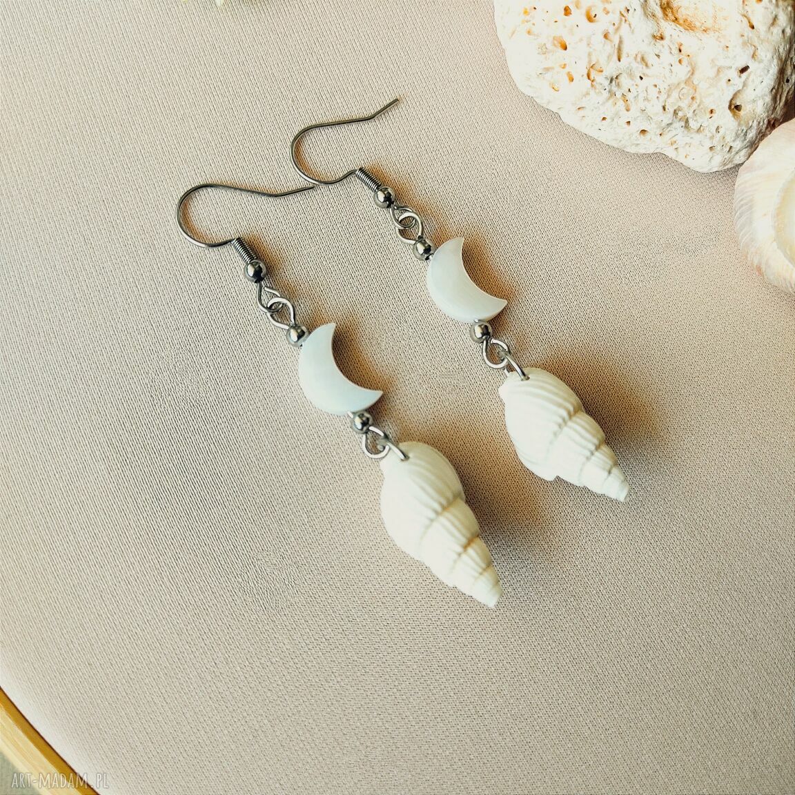 Kolczyki Księżyc i muszelka ze stali chirurgicznej - handmade