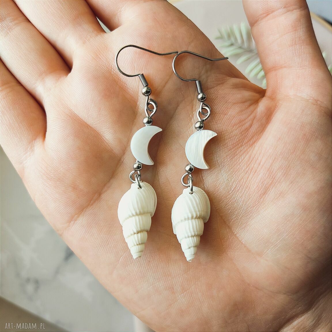 Kolczyki Księżyc i muszelka ze stali chirurgicznej - handmade