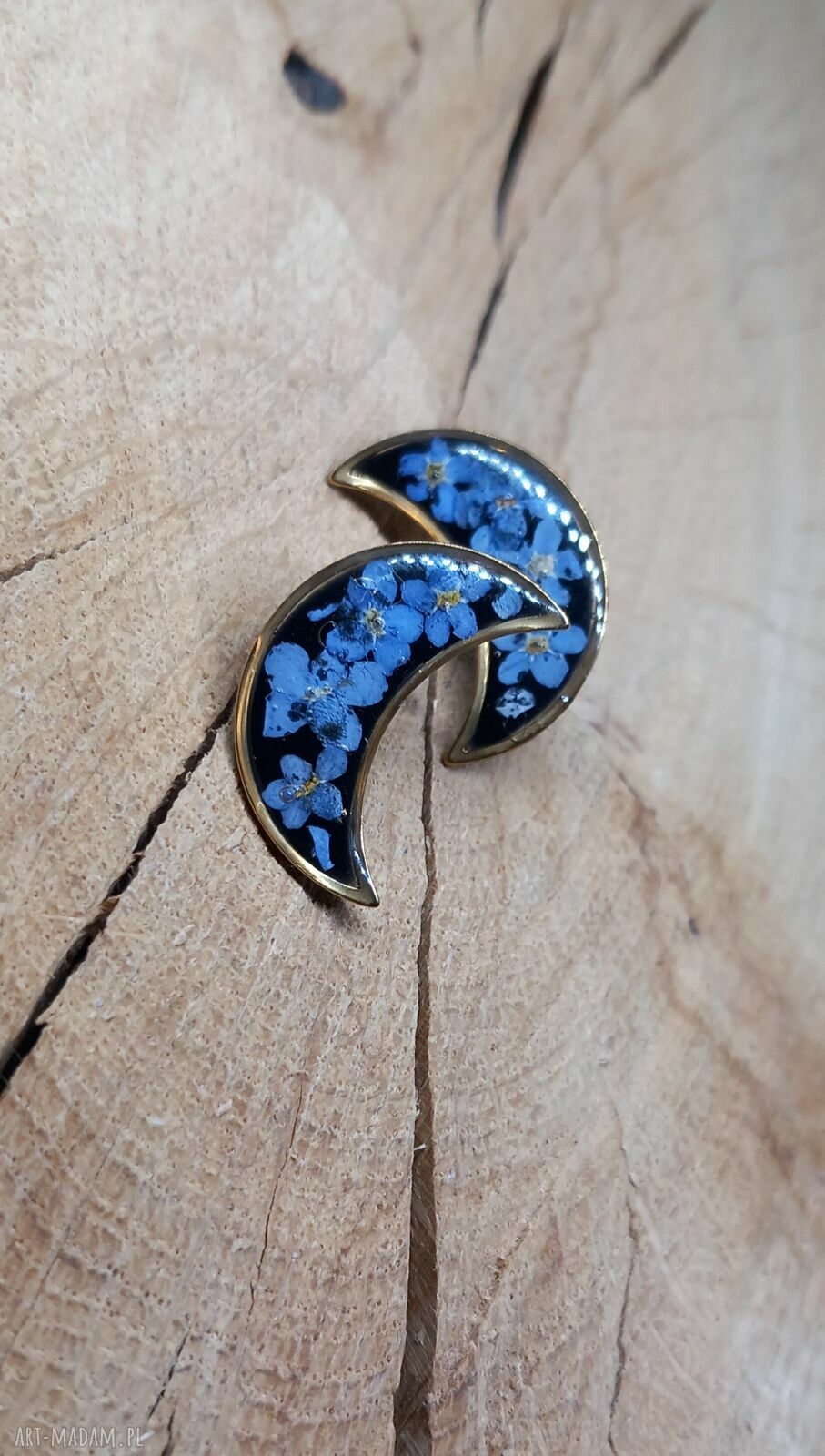 Kolczyki Księżyce z Niezapominajkami - Moon Resin (sztyfty, stal szlachetna)