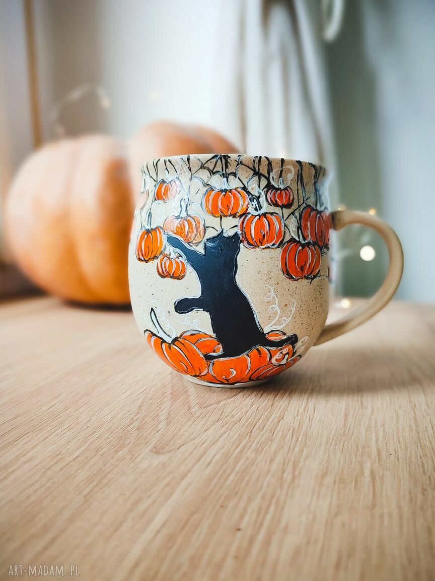 Kubek baryłka kot i dynia - ręcznie malowany ceramiczny 400 ml