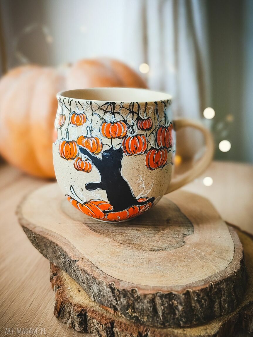 Kubek baryłka kot i dynia - ręcznie malowany ceramiczny 400 ml