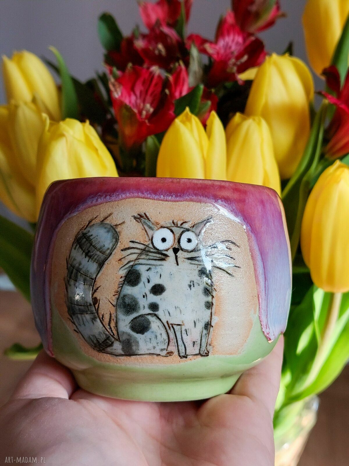 Ręcznie malowana czarka ceramiczna Kocur 300 ml