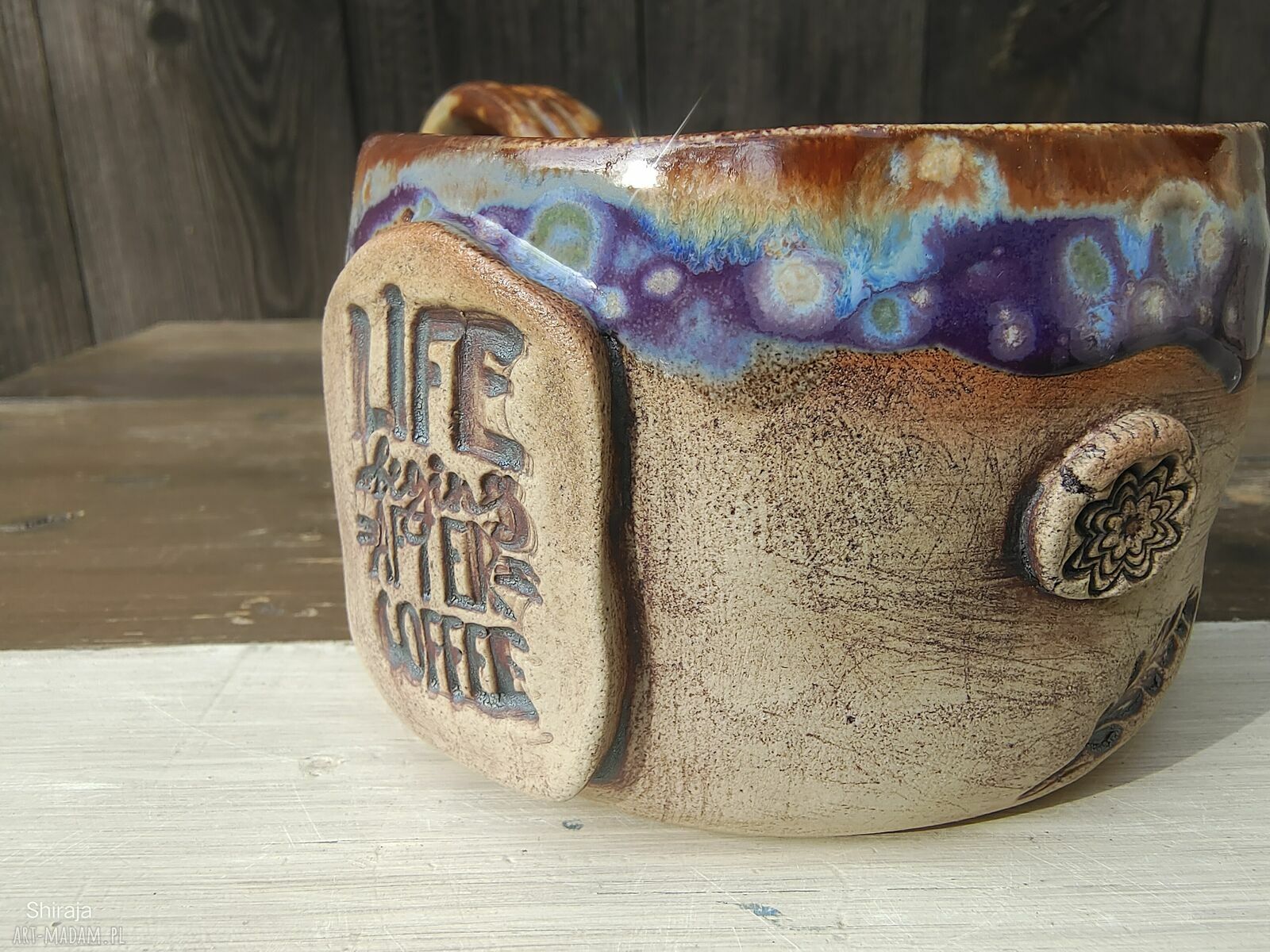 Kubek ceramiczny z sową i napisem - kamionka handmade