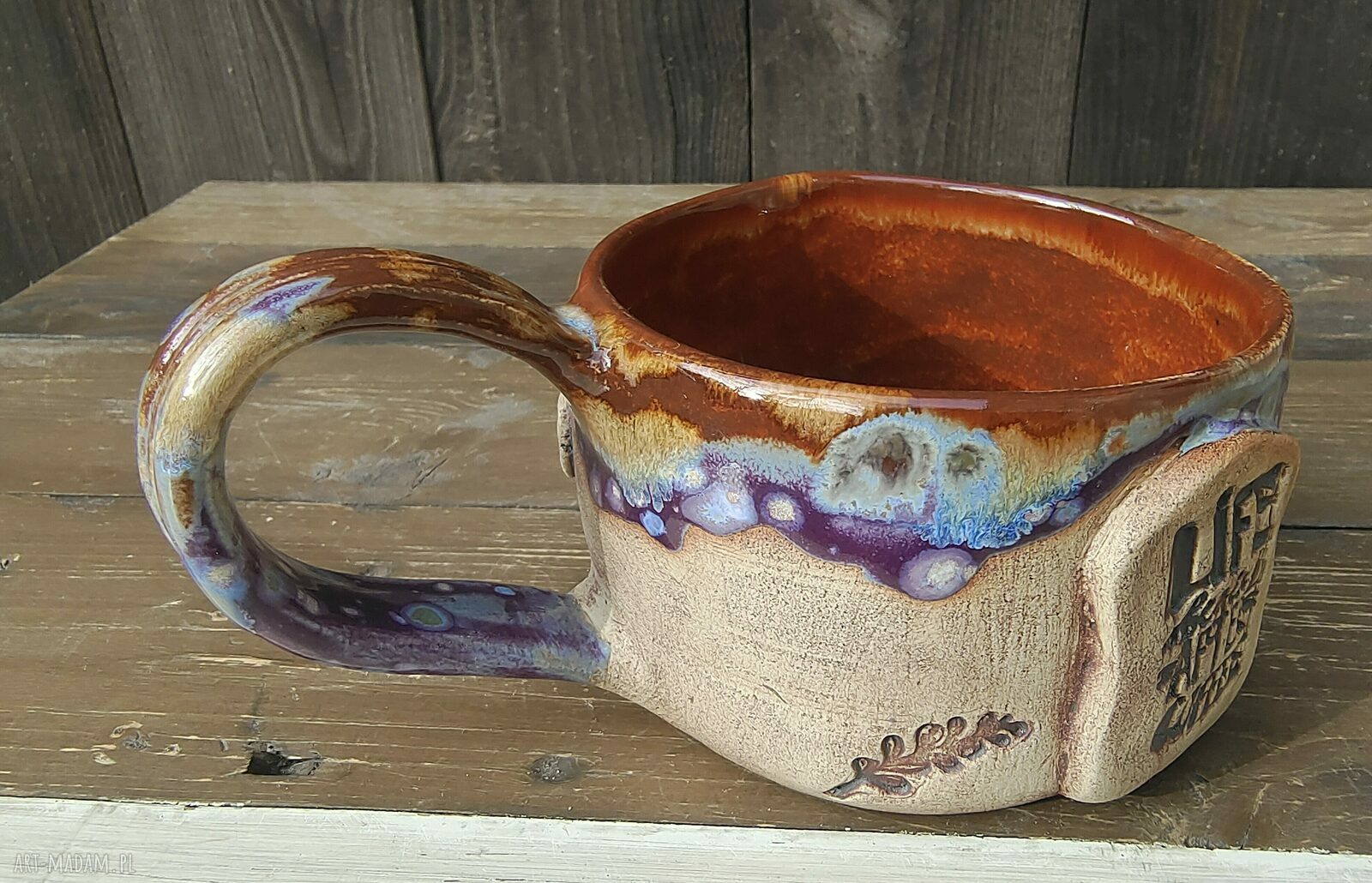 Kubek ceramiczny z sową i napisem - kamionka handmade