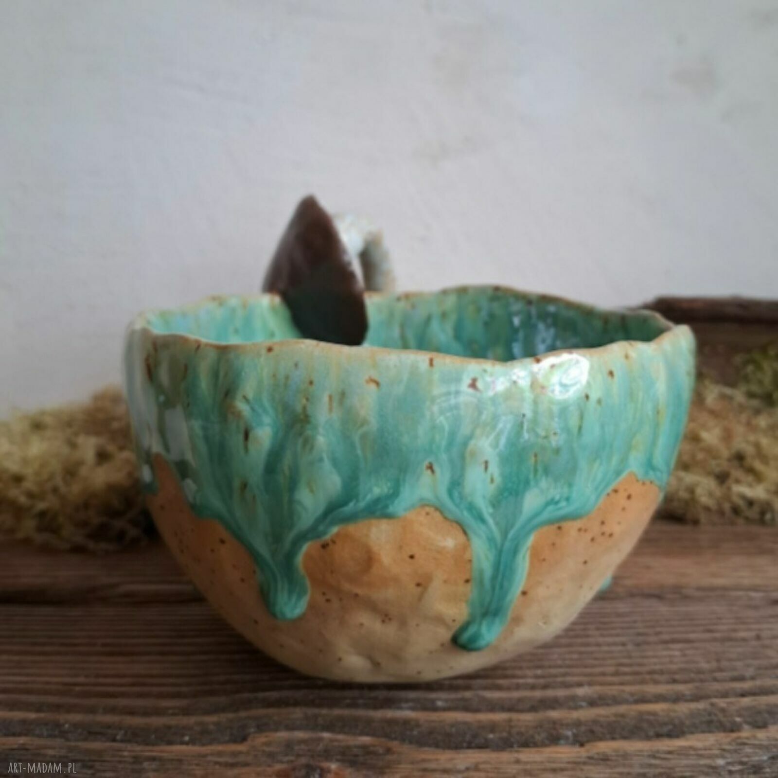 Kubek ceramiczny Grzyb - ręcznie lepiony z turkusowym szkliwem, 400 ml