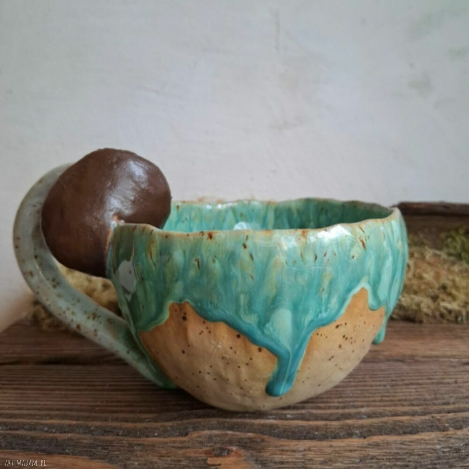Kubek ceramiczny Grzyb - ręcznie lepiony z turkusowym szkliwem, 400 ml