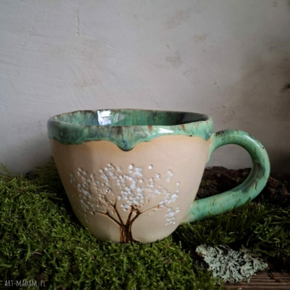 Kubek ceramiczny Białe drzewo - ręcznie robiony, 390 ml