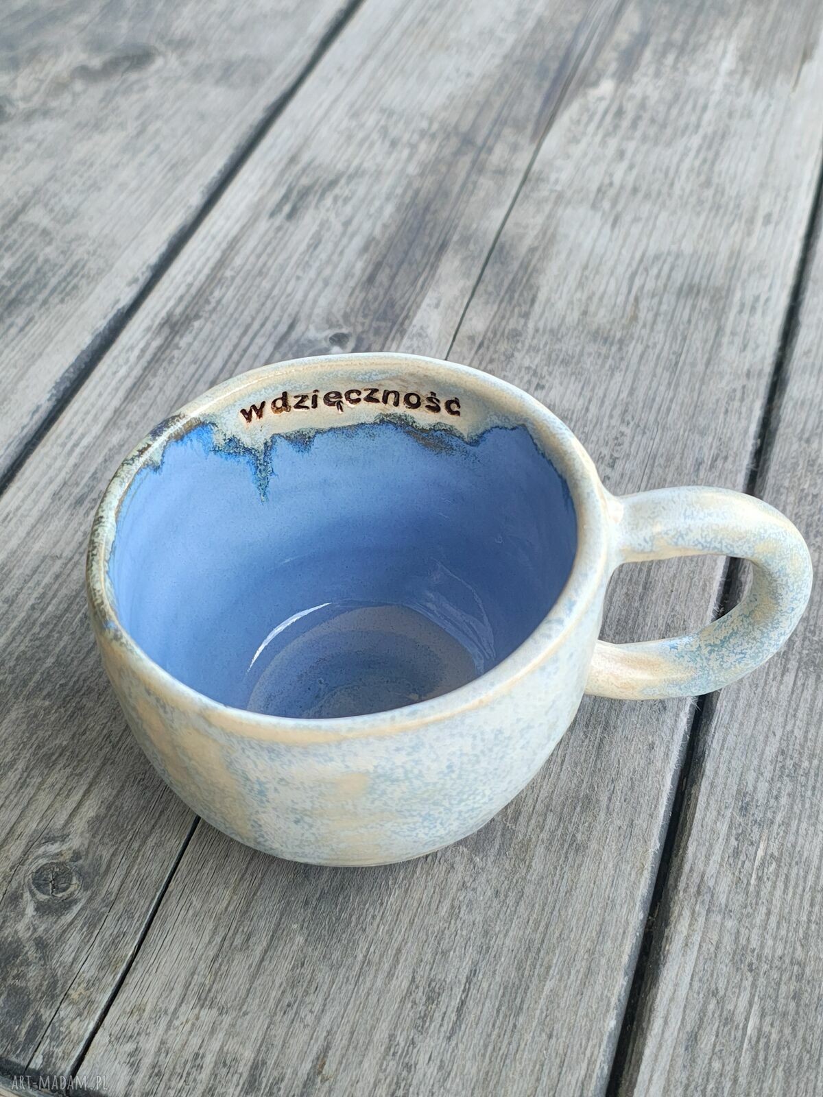 Kubek ceramiczny handmade z gliny 250 ml „wdzięczność” - błękit i beż