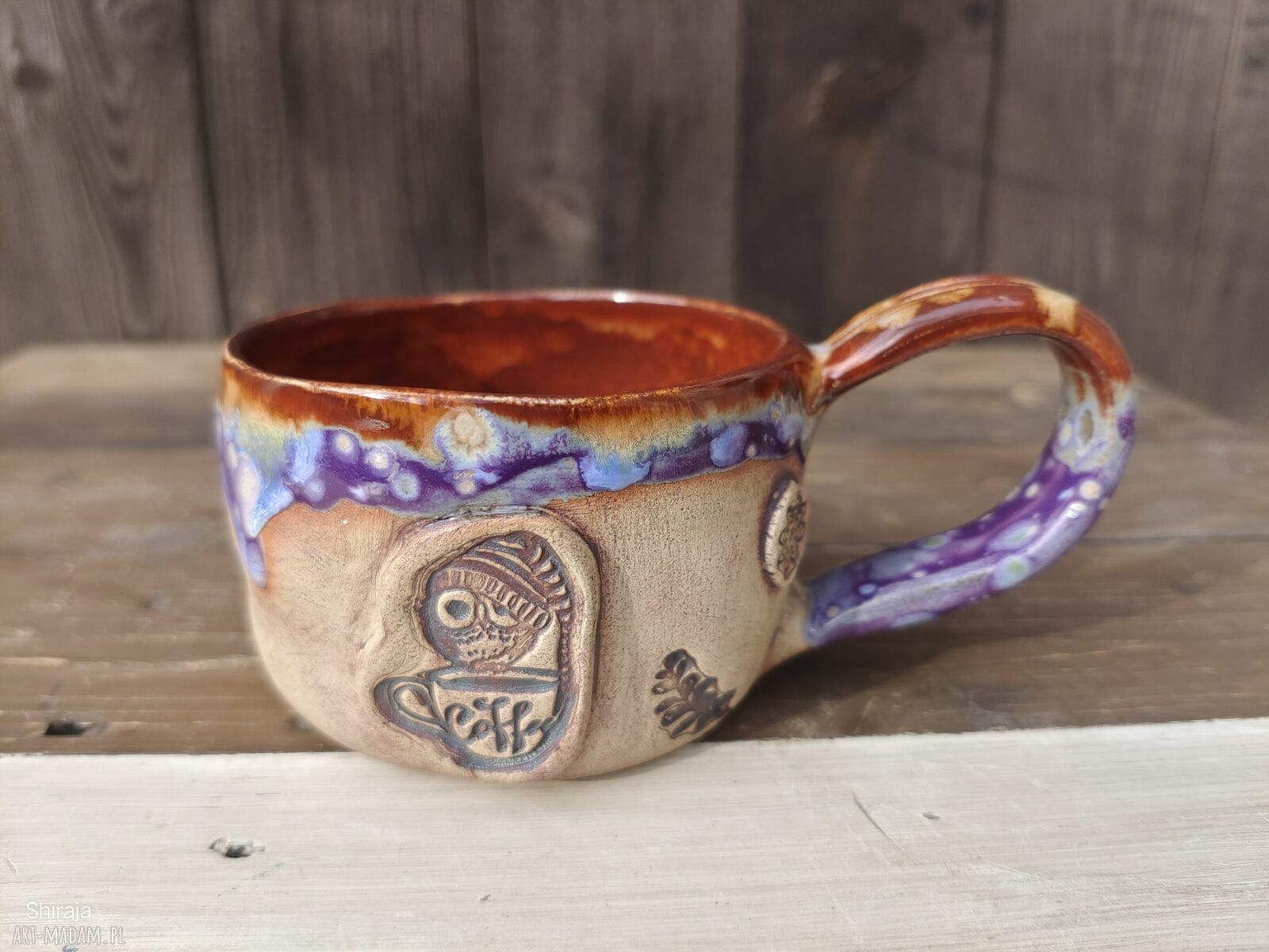 Kubek ceramiczny z sową i napisem - kamionka handmade