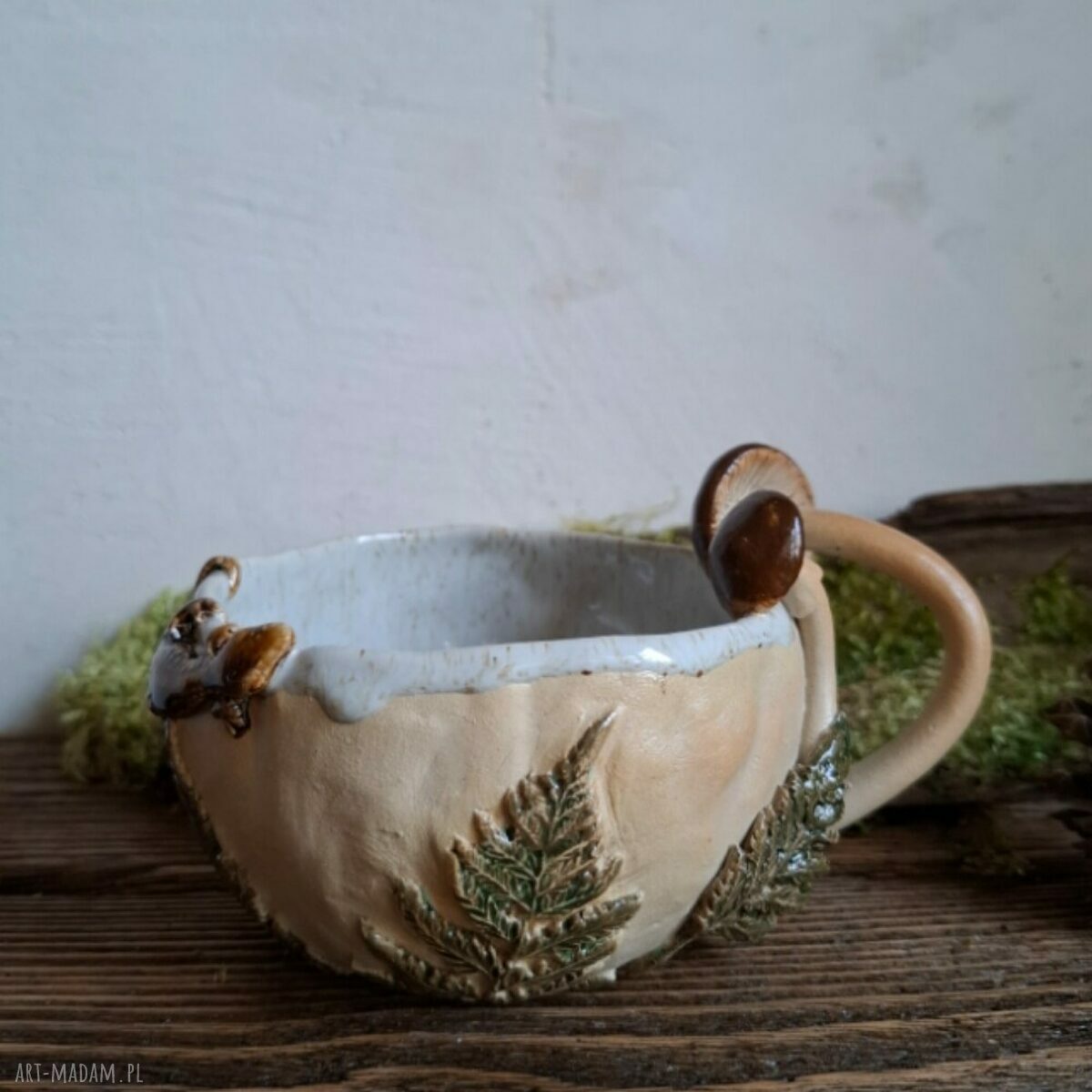 Kubek ceramiczny Leśny - paprocie, grzyby i jaszczurka (ręcznie lepiony, 280 ml)