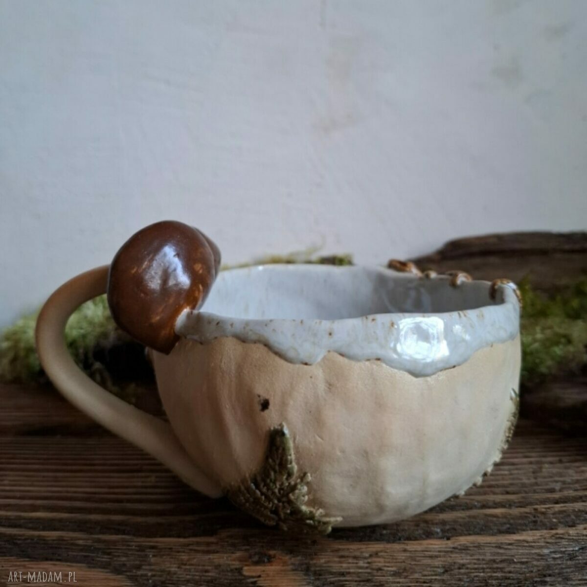 Kubek ceramiczny Leśny - paprocie, grzyby i jaszczurka (ręcznie lepiony, 280 ml)