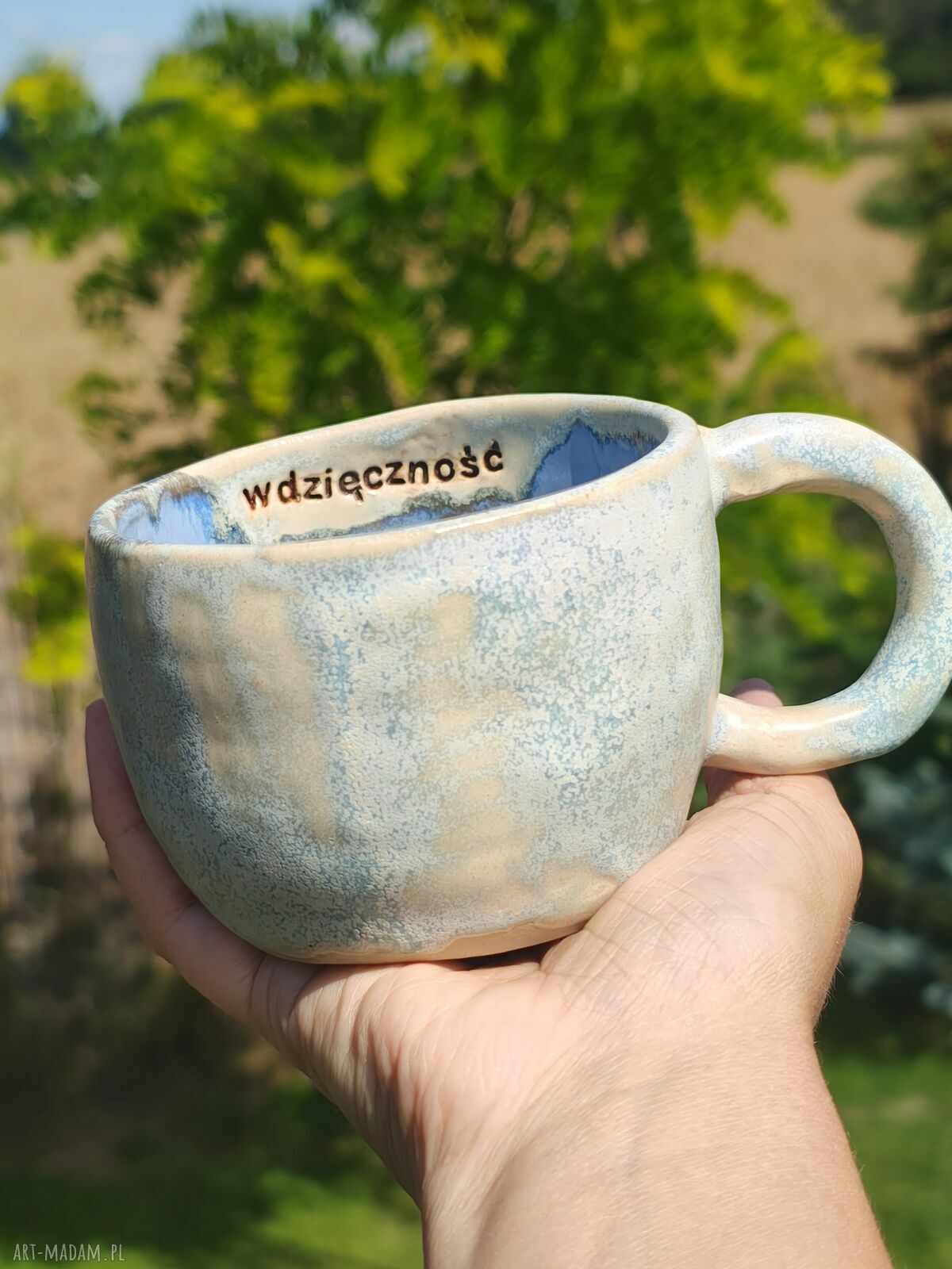Kubek ceramiczny handmade z gliny 250 ml „wdzięczność” - błękit i beż