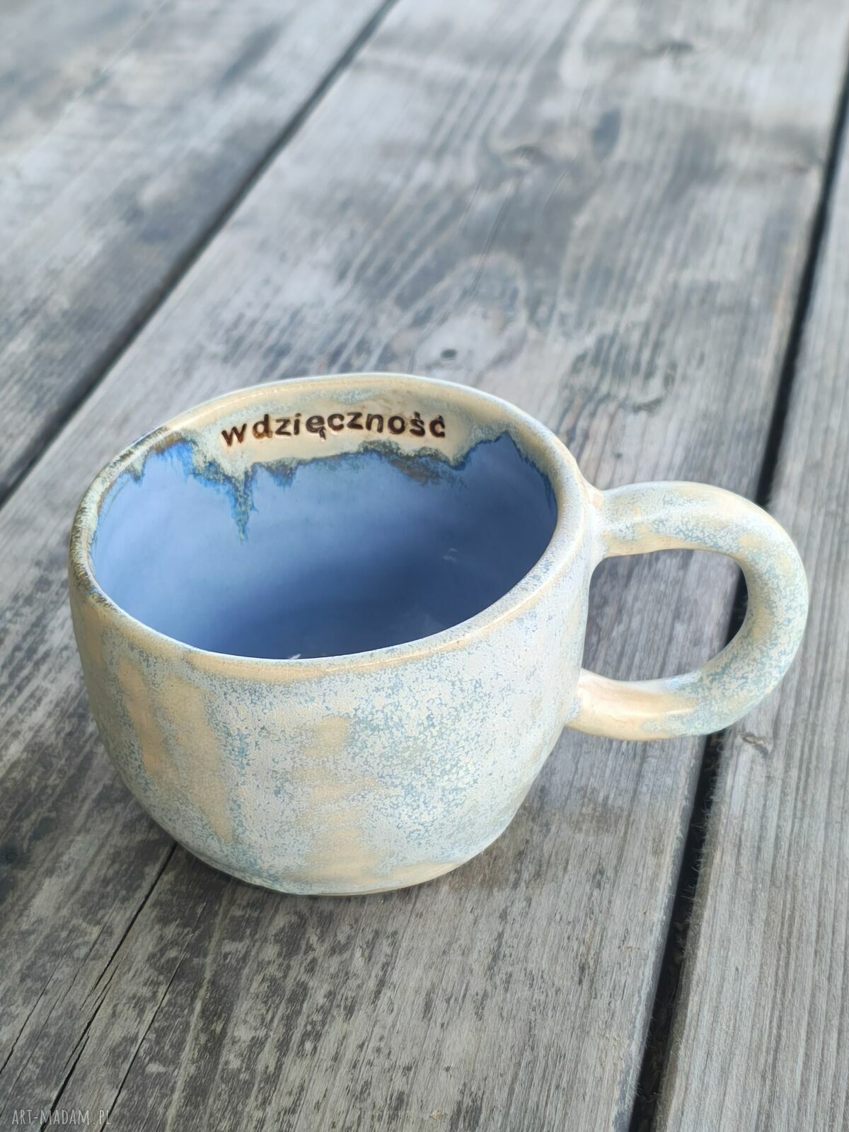 Kubek ceramiczny handmade z gliny 250 ml „wdzięczność” - błękit i beż