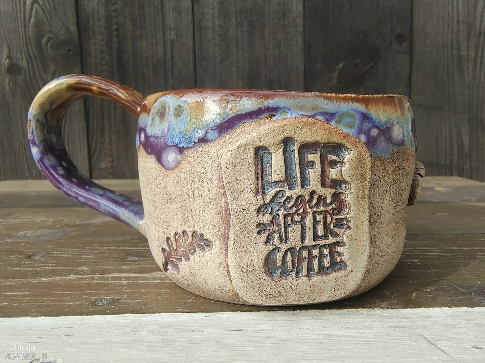 Kubek ceramiczny z sową i napisem - kamionka handmade