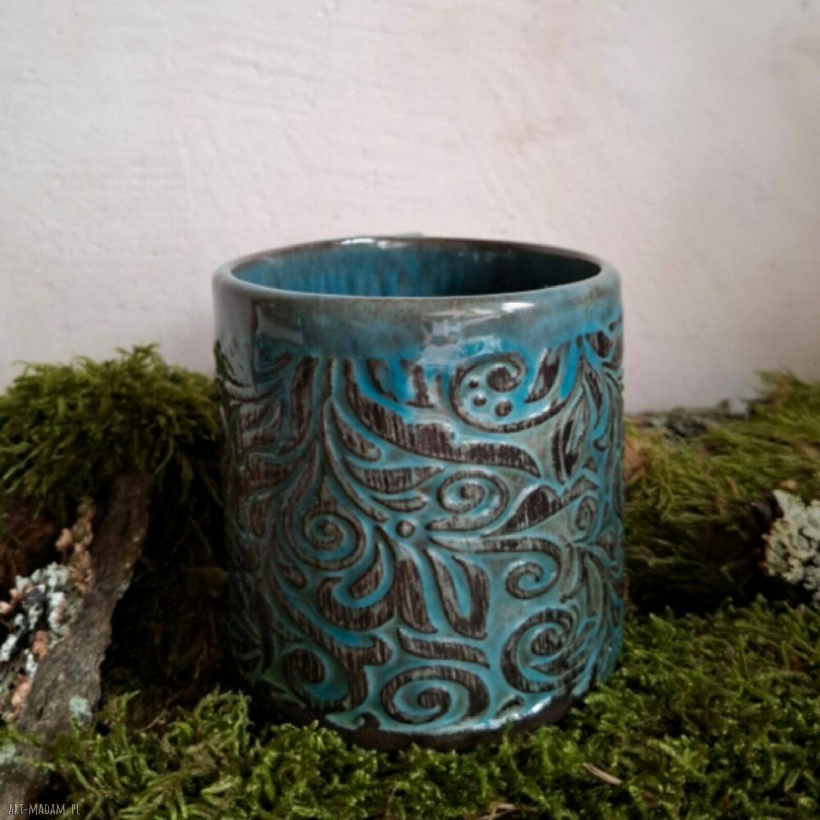 Kubek ceramiczny z wzorem - turkusowe wnętrze