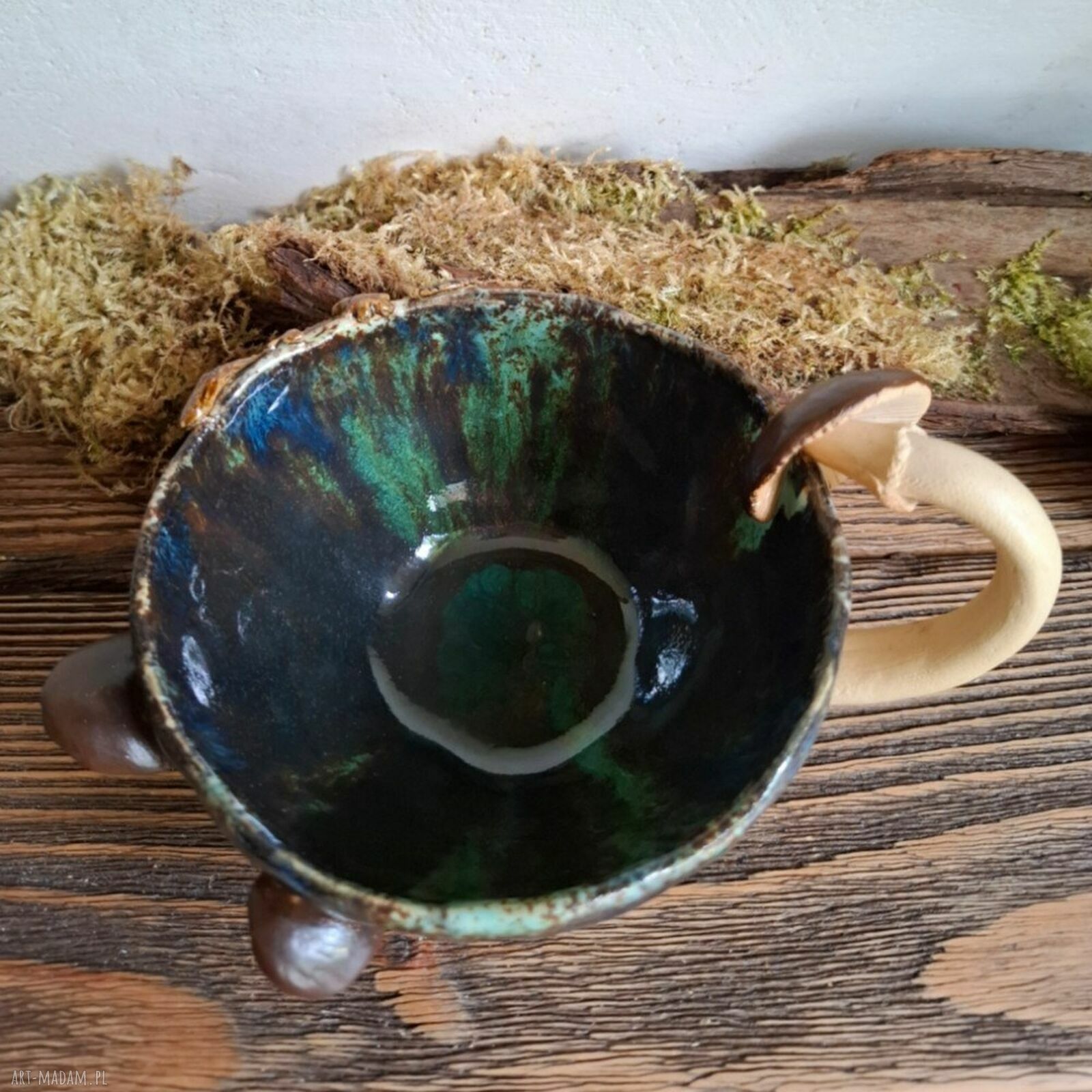 Kubek ceramiczny Leśny - handmade z paprociami, grzybami i jaszczurką