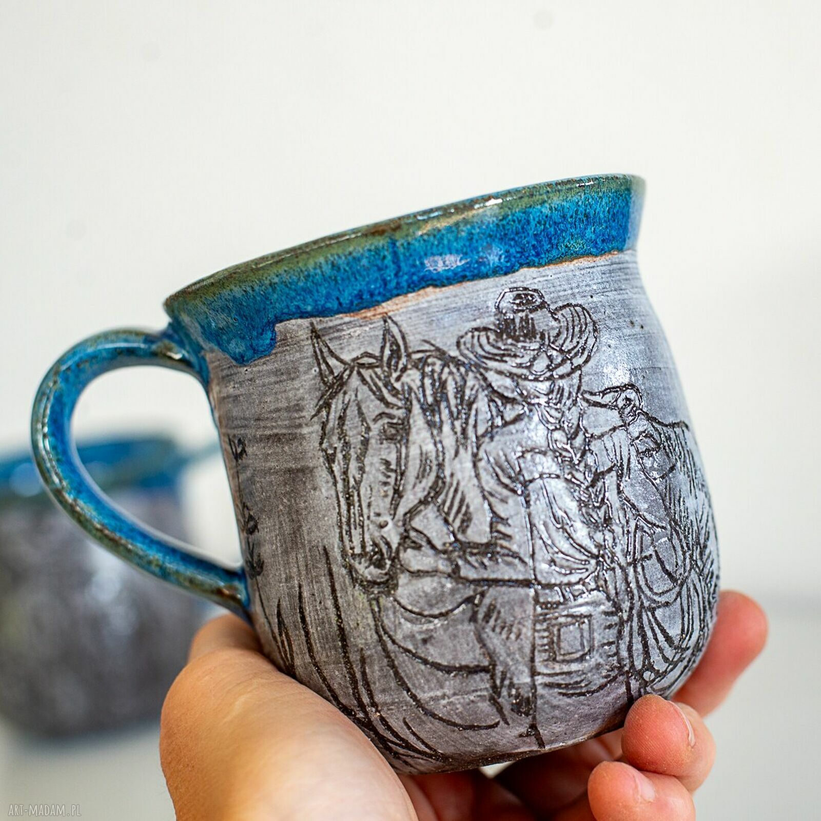 Ręcznie robiony kubek ceramiczny sgraffito Cowgirl Warkoczyk 450 ml