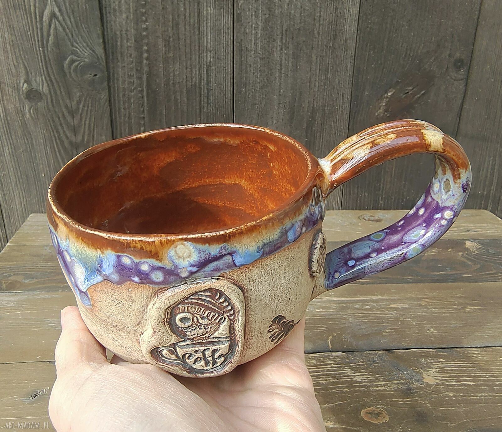 Kubek ceramiczny z sową i napisem - kamionka handmade