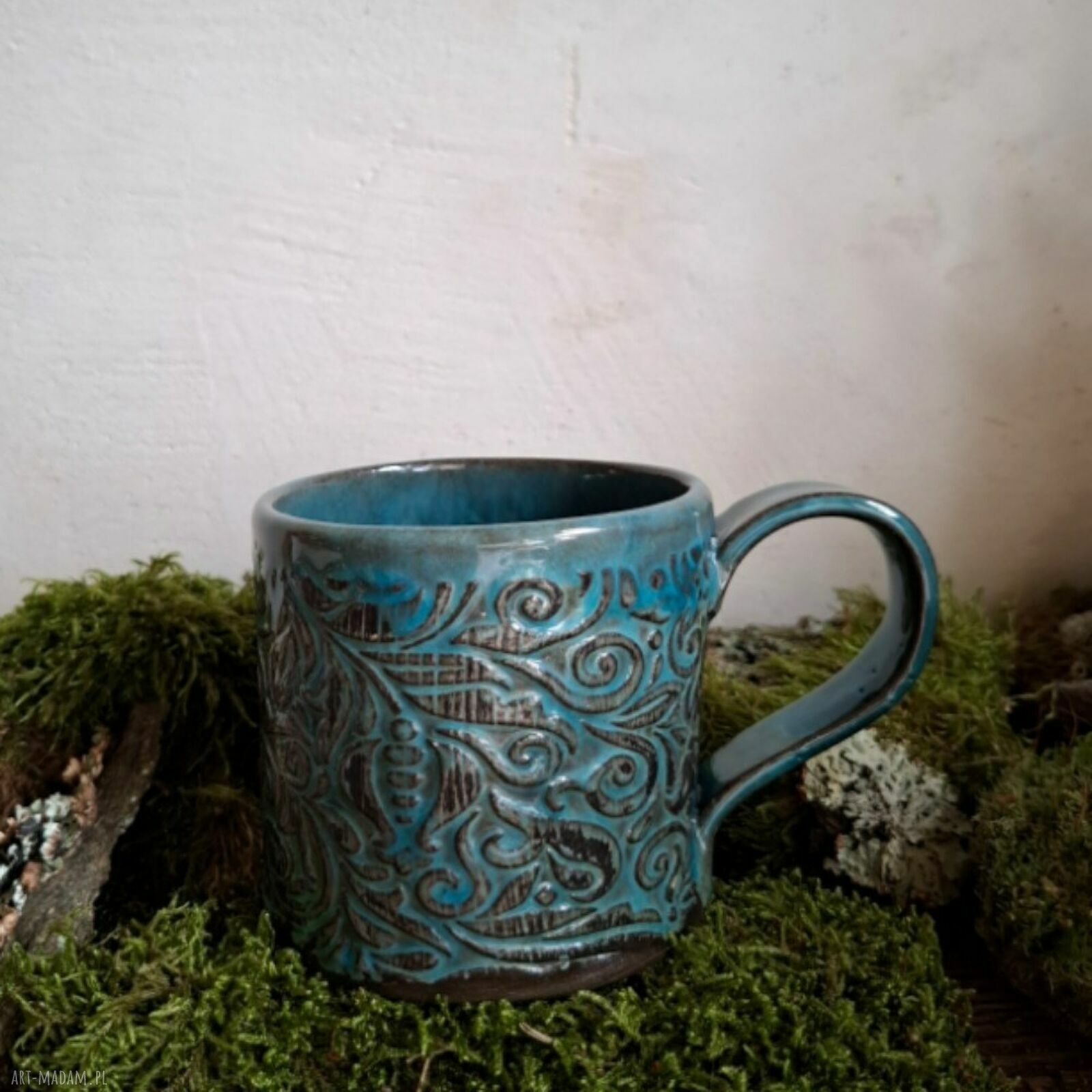 Kubek ceramiczny z wzorem - turkusowe wnętrze