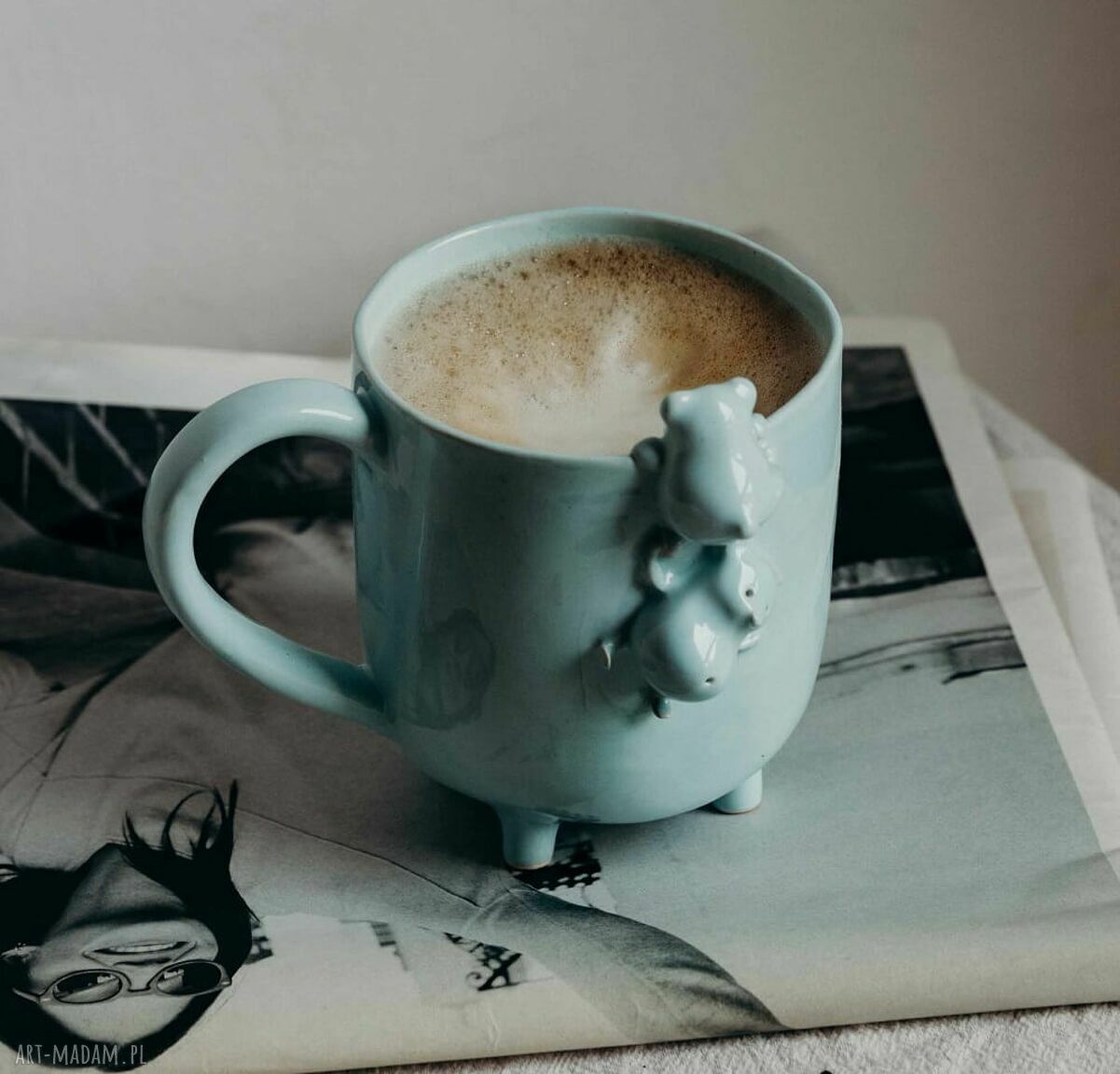 Kubek ceramiczny miętowy z dwoma misiami - 400 ml - rękodzieło Lamabo