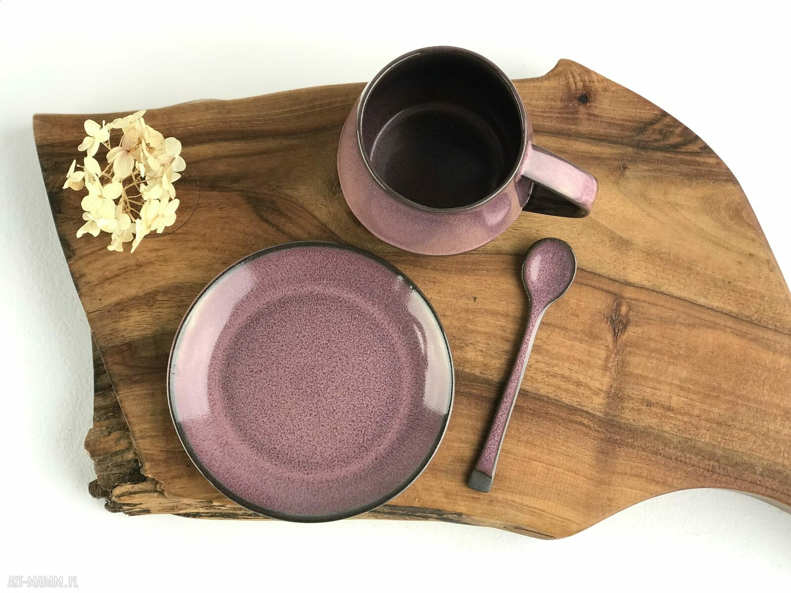 Kubek ceramiczny beczułka ze spodkiem 320 ml - ciemny pudrowy róż