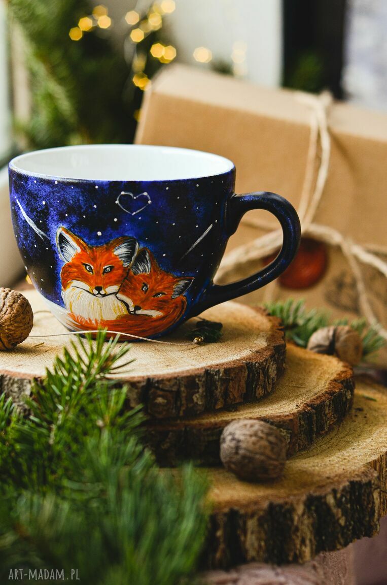 Kubek ręcznie malowany Fox Love - 500 ml (porcelana) dla miłośnika herbaty