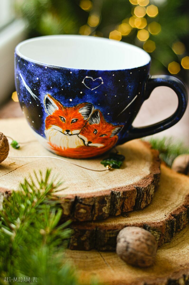 Kubek ręcznie malowany Fox Love - 500 ml (porcelana) dla miłośnika herbaty