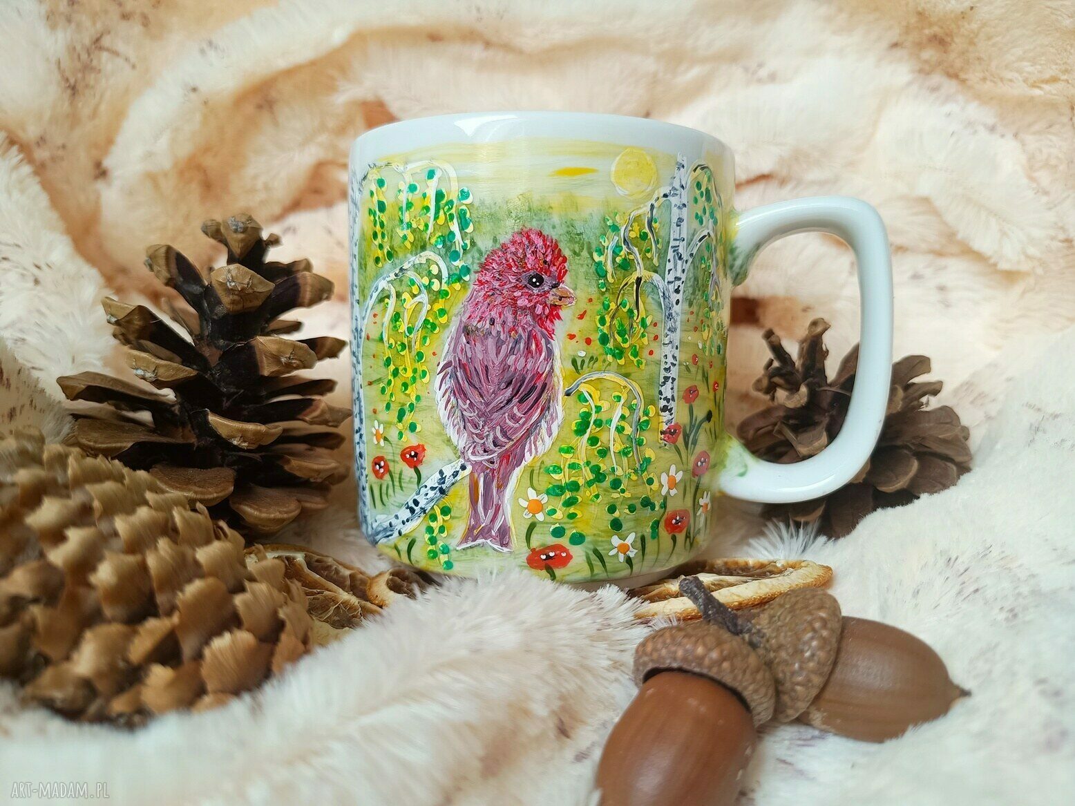 Kubek makolągwy i brzozy w pejzażu - ręcznie malowany kubek z porcelany 270 ml
