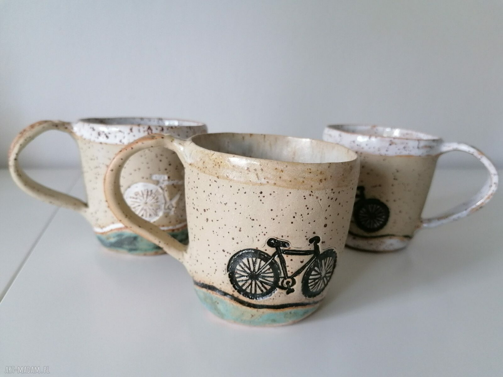 Kubek z gliny szamotowej dla rowerzystów - ręcznie robiony motyw roweru