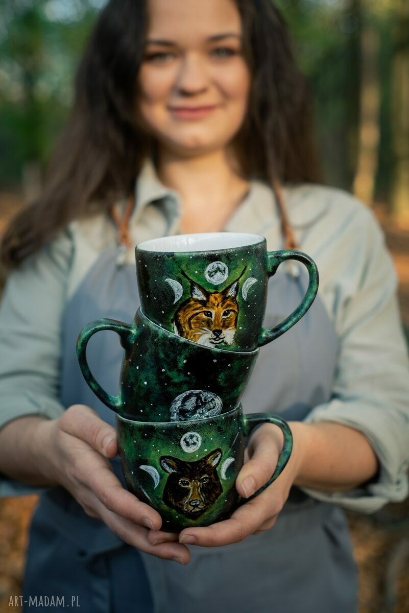 Kubek Ryś 300 ml - ręcznie malowany porcelanowy prezent dla miłośnika lasu