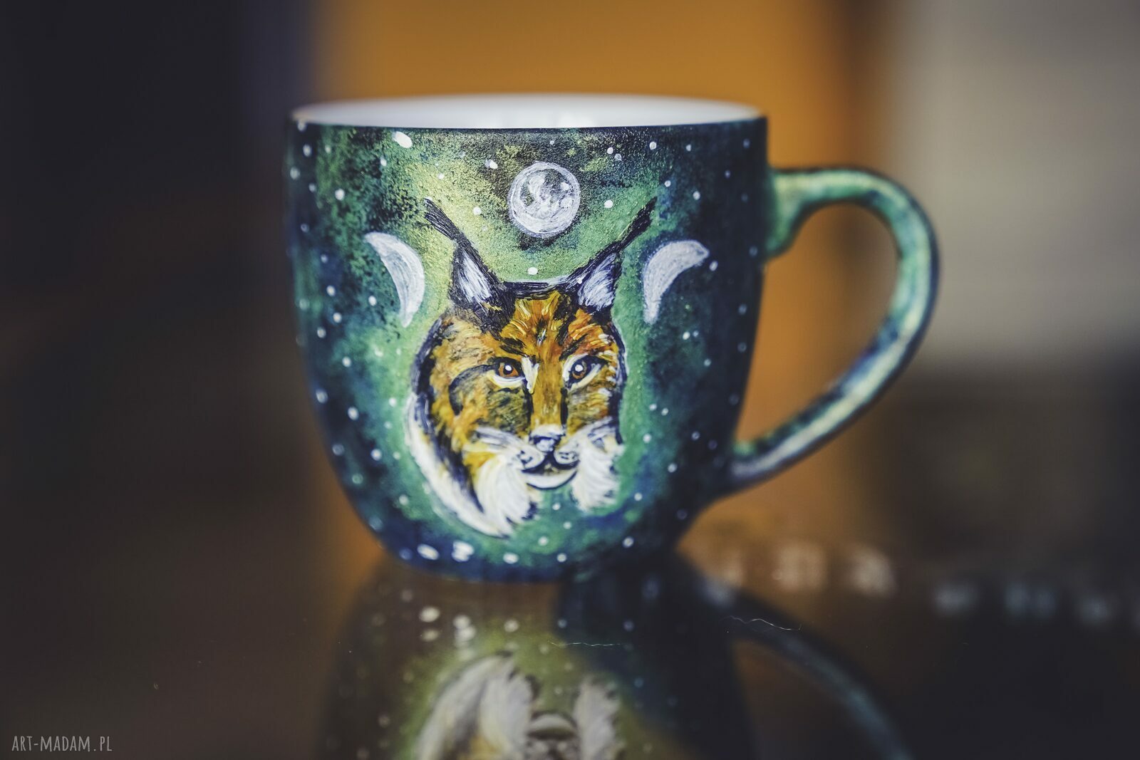 Kubek Ryś 300 ml - ręcznie malowany porcelanowy prezent dla miłośnika lasu