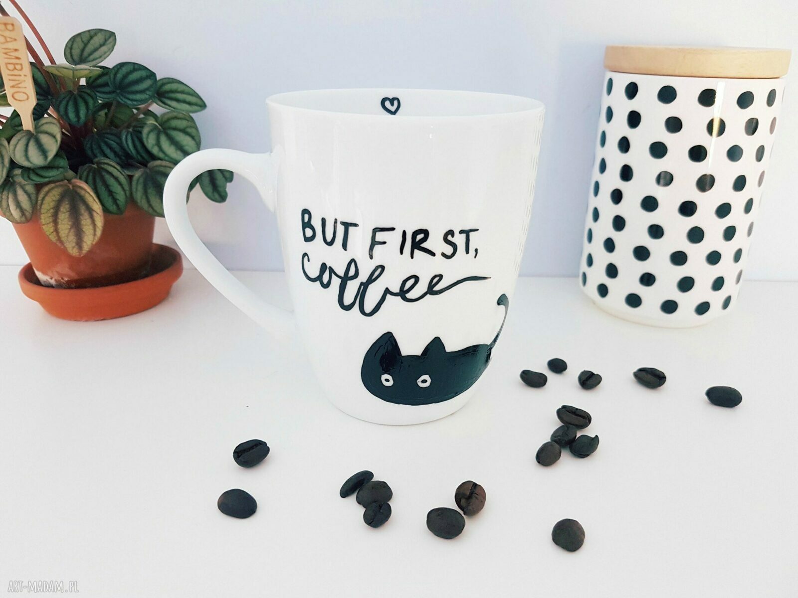 kubek z kotem but first coffee hand made