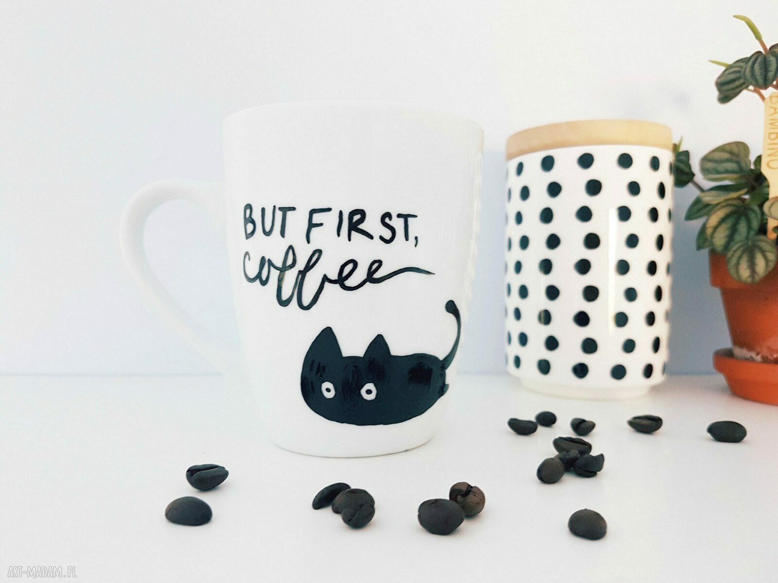 kubek z kotem but first coffee hand made