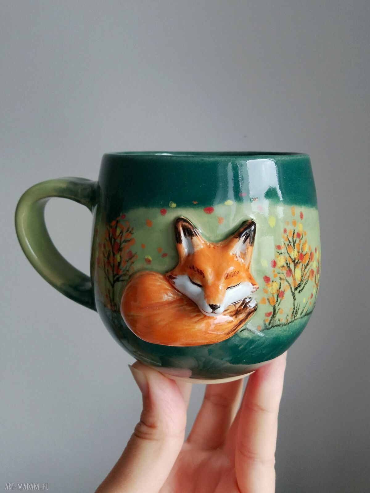 Ręcznie robiony kubek ceramiczny z lisem - 320 ml