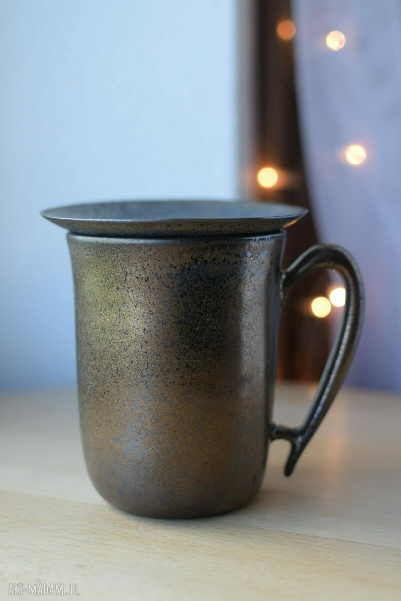 Kubek z pokrywką Złoto Srebrny 325 ml - rękodzieło ceramiczne