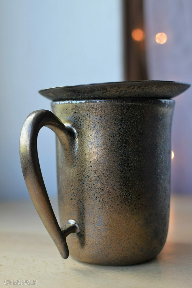 Kubek z pokrywką Złoto Srebrny 325 ml - rękodzieło ceramiczne