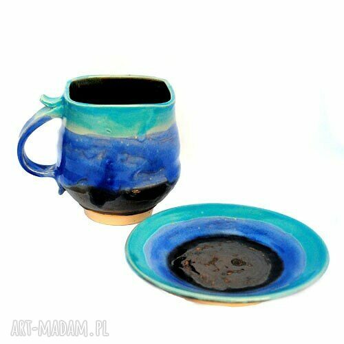 Kubek ceramiczny z talerzykiem „Pani Agaty” - handmade 450 ml