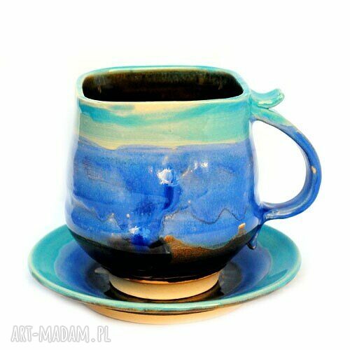 Kubek ceramiczny z talerzykiem „Pani Agaty” - handmade 450 ml