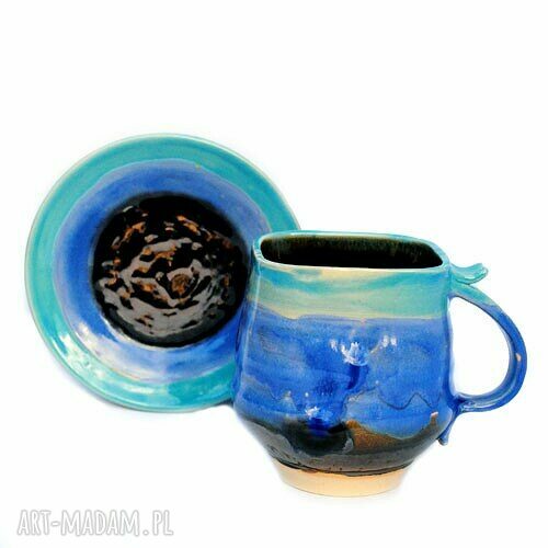 Kubek ceramiczny z talerzykiem „Pani Agaty” - handmade 450 ml