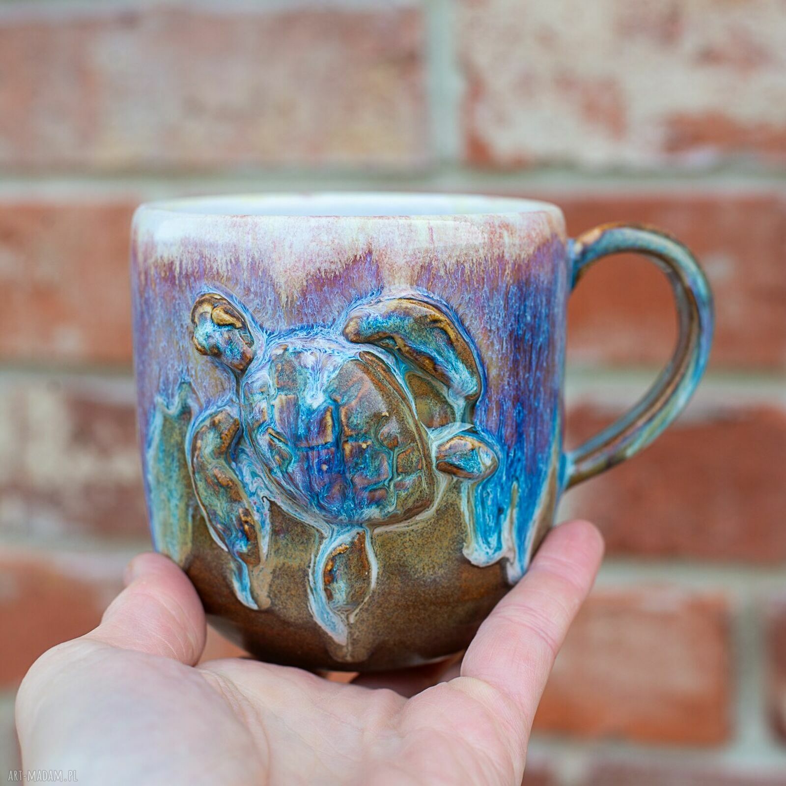 Kubek z żółwiem Opal Biały - rękodzieło ceramiczne, ok. 450 ml