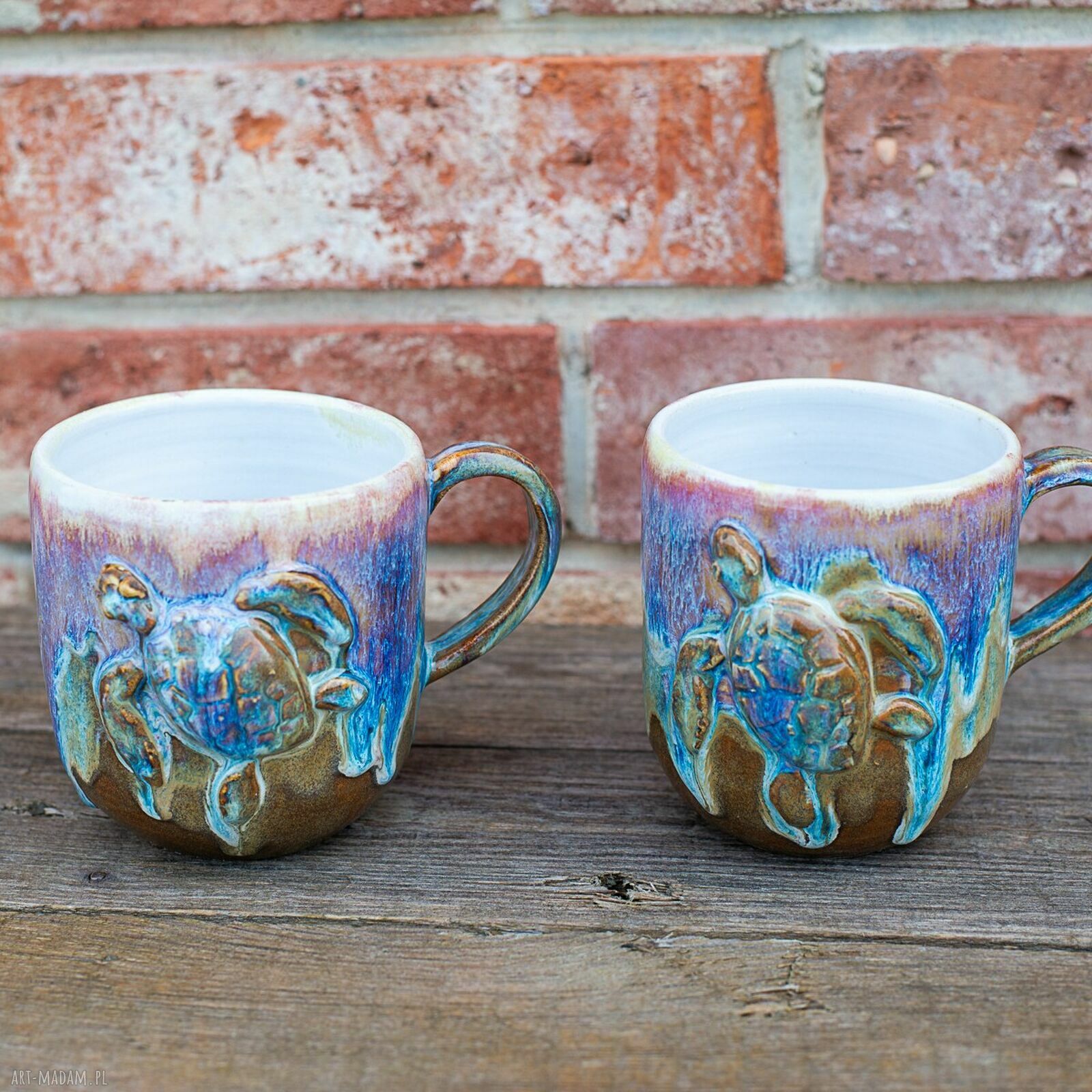 Kubek z żółwiem Opal Biały - rękodzieło ceramiczne, ok. 450 ml