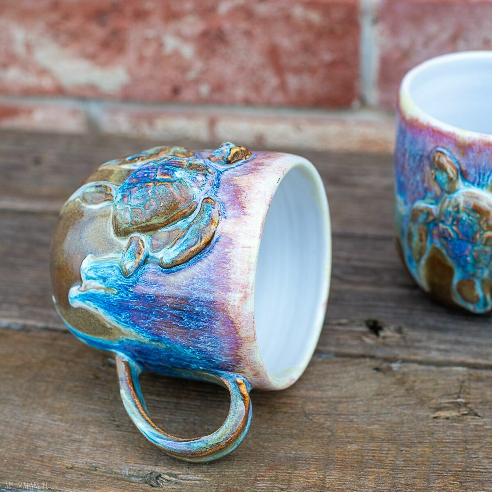 Kubek z żółwiem Opal Biały - rękodzieło ceramiczne, ok. 450 ml